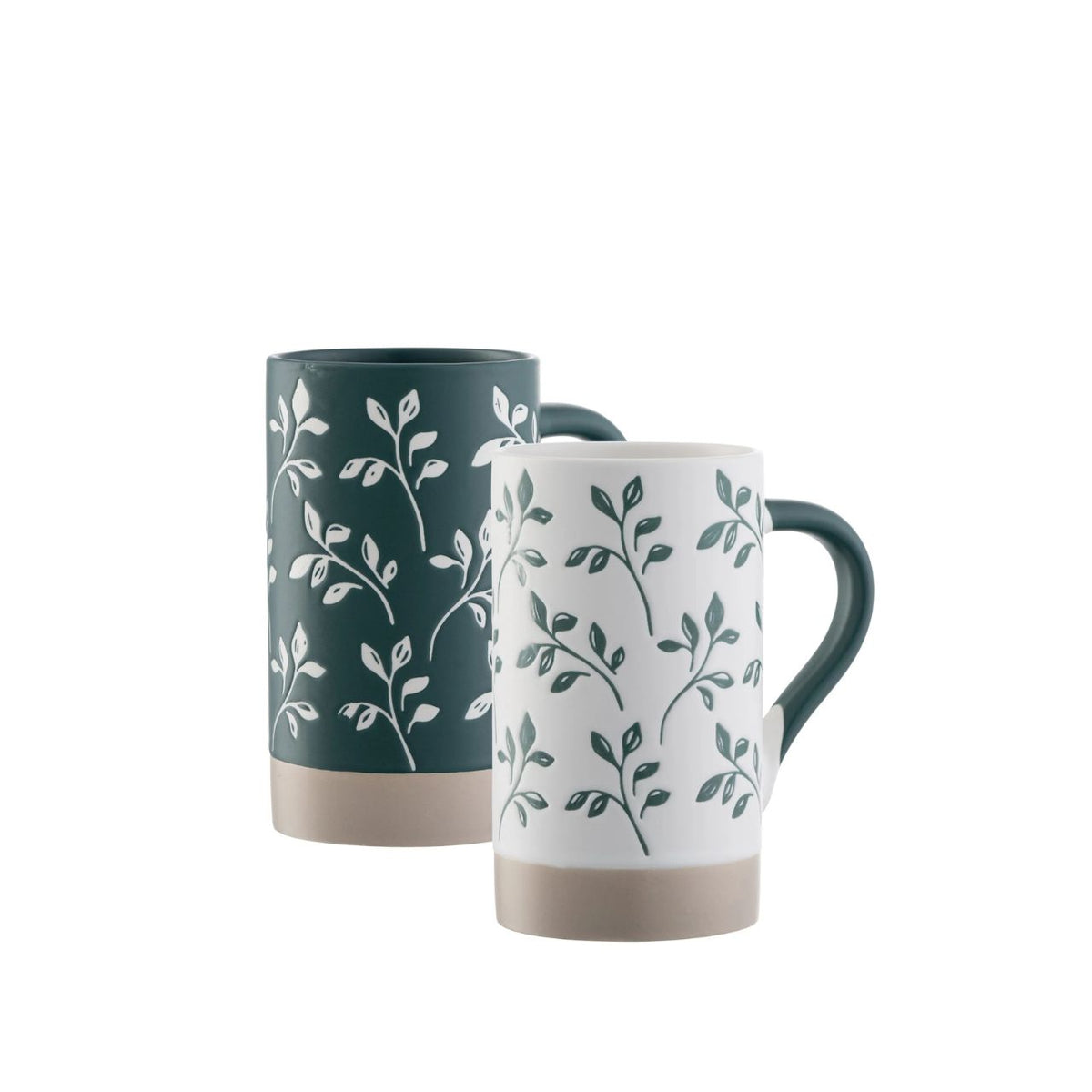 The Flora Tall Mugs are mix and match, featuring a delicate leaf pattern in two-tone colour palette of deep rich teal contrasted with classic bright white. The tall shape is perfect for homemade lattes and also ideal for tea lovers.