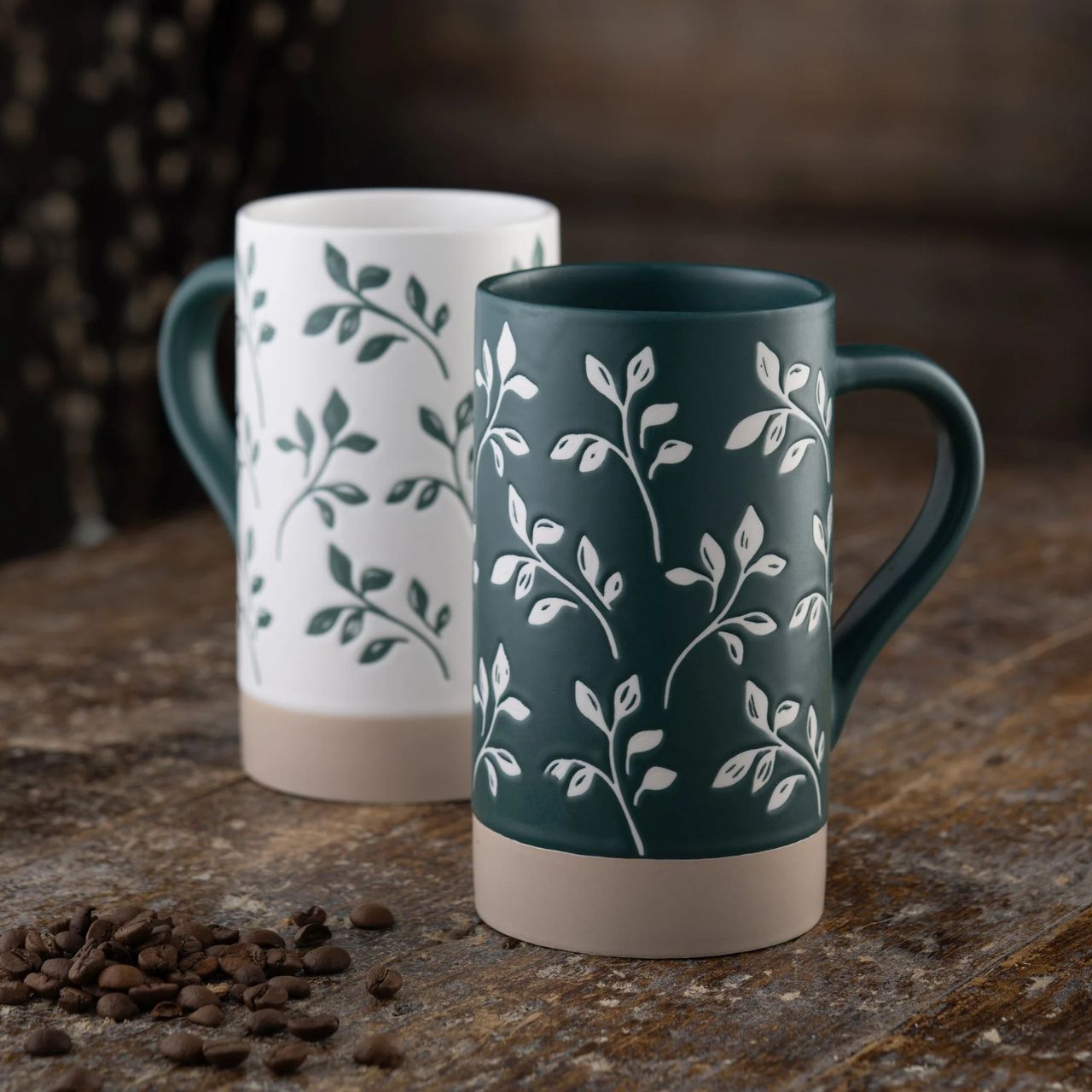 The Flora Tall Mugs are mix and match, featuring a delicate leaf pattern in two-tone colour palette of deep rich teal contrasted with classic bright white. The tall shape is perfect for homemade lattes and also ideal for tea lovers.