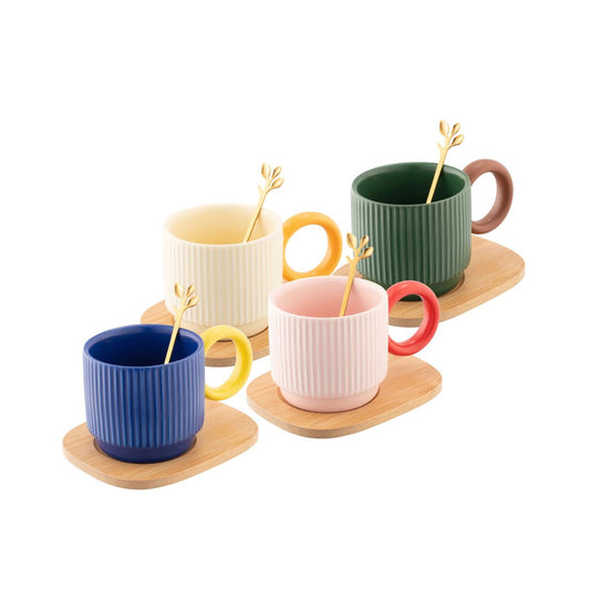 The Hula mug set feature bold, trendy shapes and an embossed fluted pattern in a playful mix and match colour palette. The Hula mugs come with a stainless steel tea spoon and a bamboo tray for each mug.