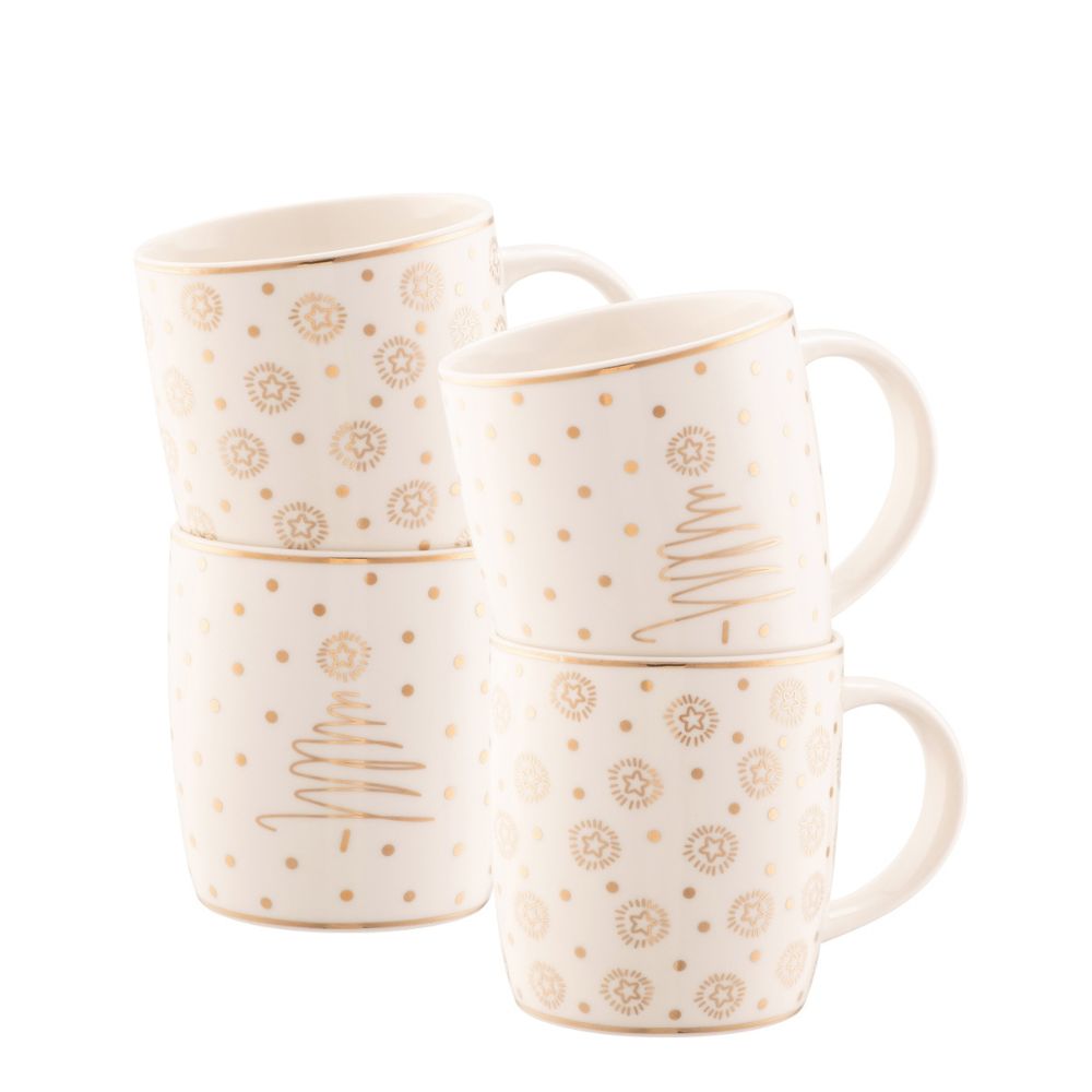 Christmas Merry & Bright 4 Piece Mug Set by Belleek Living  This simplistic yet striking mug set feature mix and match motifs of stars, Christmas trees and polka dots in exquisite real gold. Fun, yet timeless these mugs come beautifully boxed in a handmade box and make a great gift or an ideal touch of sparkle in your own home.