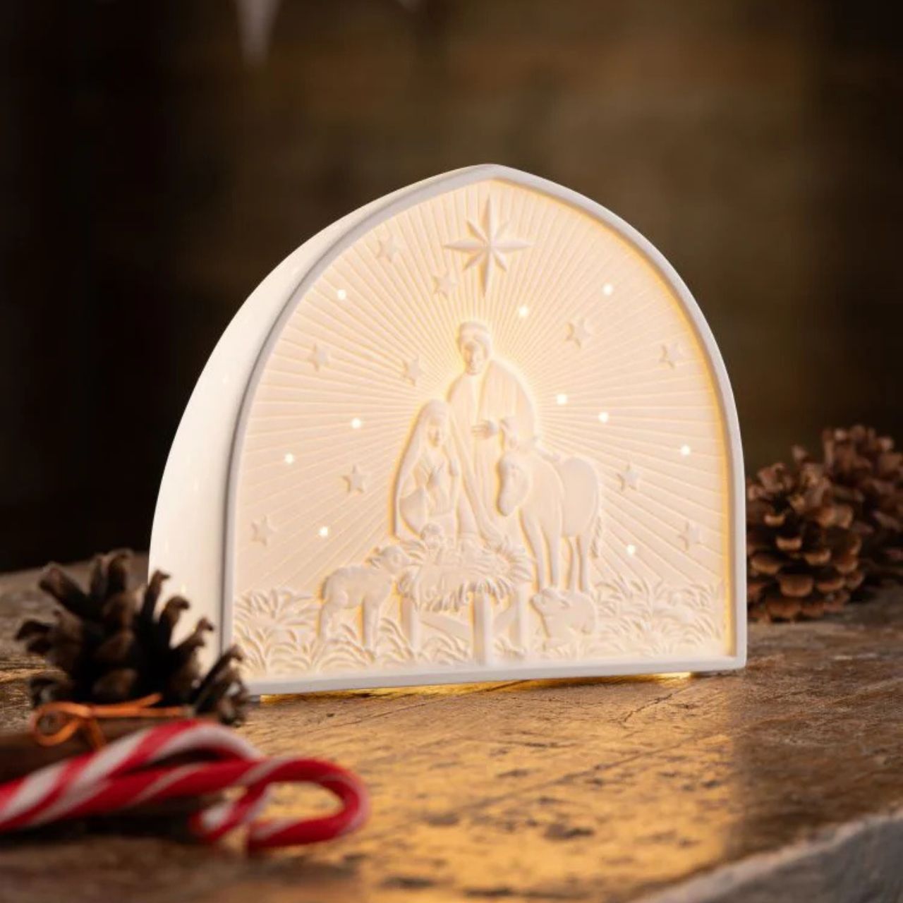 The Nativity Crib Luminaire has been exquisitely modelled and depicts the classic Nativity Scene.