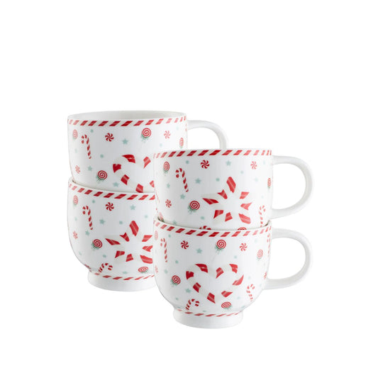 These large capacity footed mugs feature a playful pattern of festive sweets with candy cane stripe details. Ideal for decadent hot chocolates or your favourite hot drinks during the festive season. Beautifully boxed in a matching gift box these mugs would make for an ideal gift.