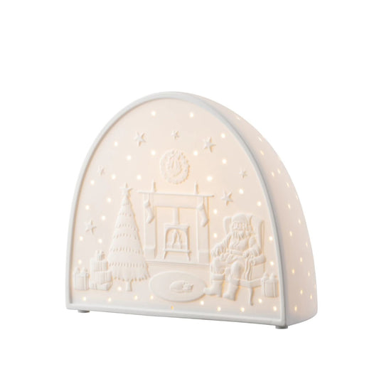 The Santa by the Fire Luminaire has been exquisitely modelled and depicts the classic Christmas Scene. The back is delicately pierced and casts beautiful shadows when illuminated.