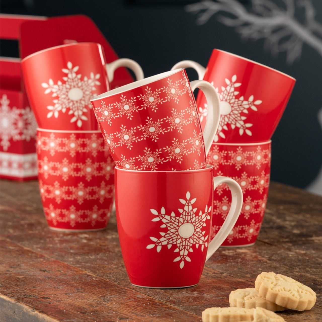 Snowflakes 6 Piece Mug Set Belleek Living  In traditional red and white, this mug set includes 6 mugs. Three of the mugs have an all over snowflake design and three of the mugs have a single snowflake motif. Made of new bone china, the handles and insides of the mugs are white.