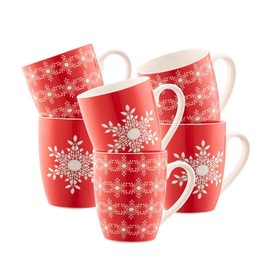 Snowflakes 6 Piece Mug Set Belleek Living  In traditional red and white, this mug set includes 6 mugs. Three of the mugs have an all over snowflake design and three of the mugs have a single snowflake motif. Made of new bone china, the handles and insides of the mugs are white.