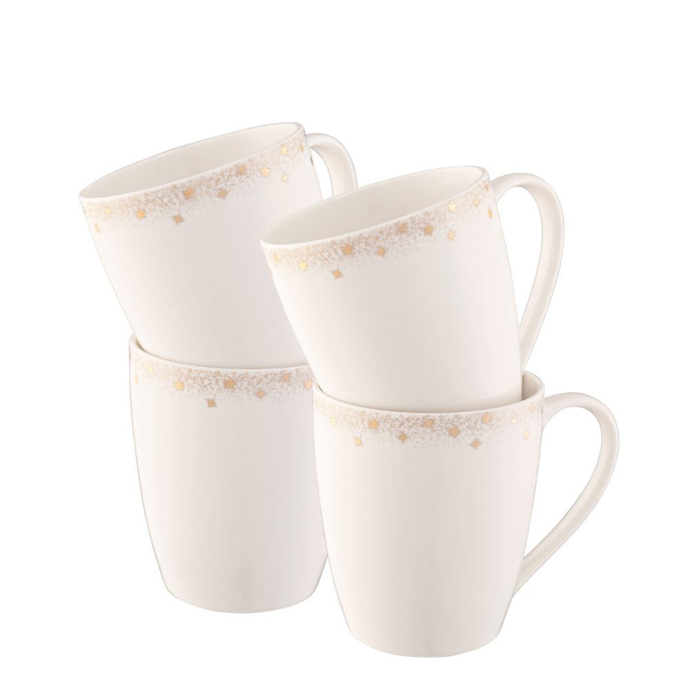 Christmas Stardust Set of 4 Mugs by Belleek Living  Stardust set of 4 mugs feature a delicately stippled gold band with scattered gold accent stars adorning the edge. This set of 4 mugs is subtle and elegant with a whimsical twist; the ideal pattern to add a bit of understated sparkle to any table for a special occasion. Comes beautifully gift boxed.