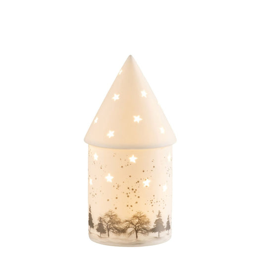 Christmas  Winter Scene LED by Belleek Living  The Winter Scene LED features delicately printed silhouettes of trees, rolling snow hills and falling snowflakes to create the quintessential winter scene. The star shaped piercings emit light and cast shadows creating the perfect ambient mood lighting for a cozy winter evening.