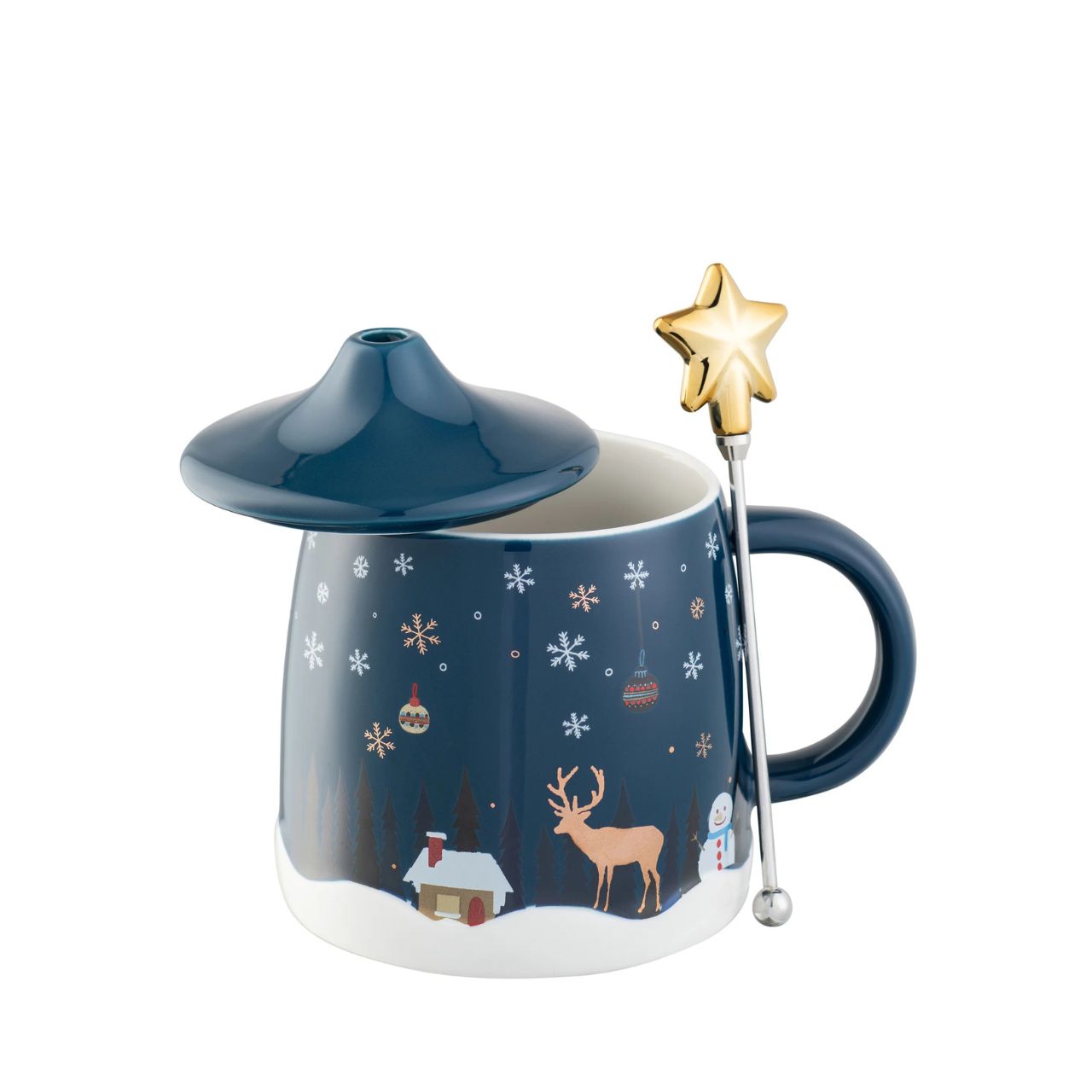 This cute 3-piece set includes a mug, a lid and a stirrer, when fully assembled it creates a cute winter scene with a star detail and gold accents.