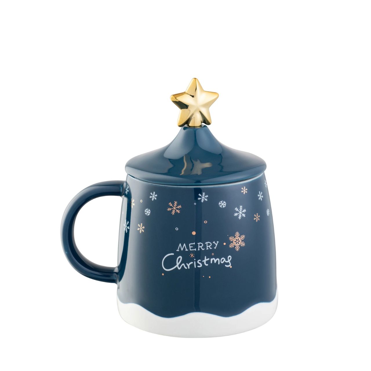 This cute 3-piece set includes a mug, a lid and a stirrer, when fully assembled it creates a cute winter scene with a star detail and gold accents.