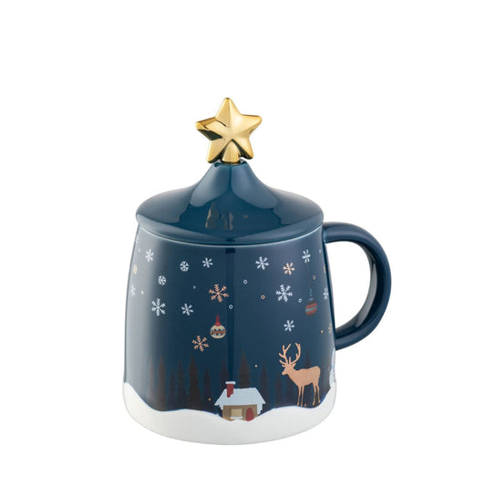 This cute 3-piece set includes a mug, a lid and a stirrer, when fully assembled it creates a cute winter scene with a star detail and gold accents.