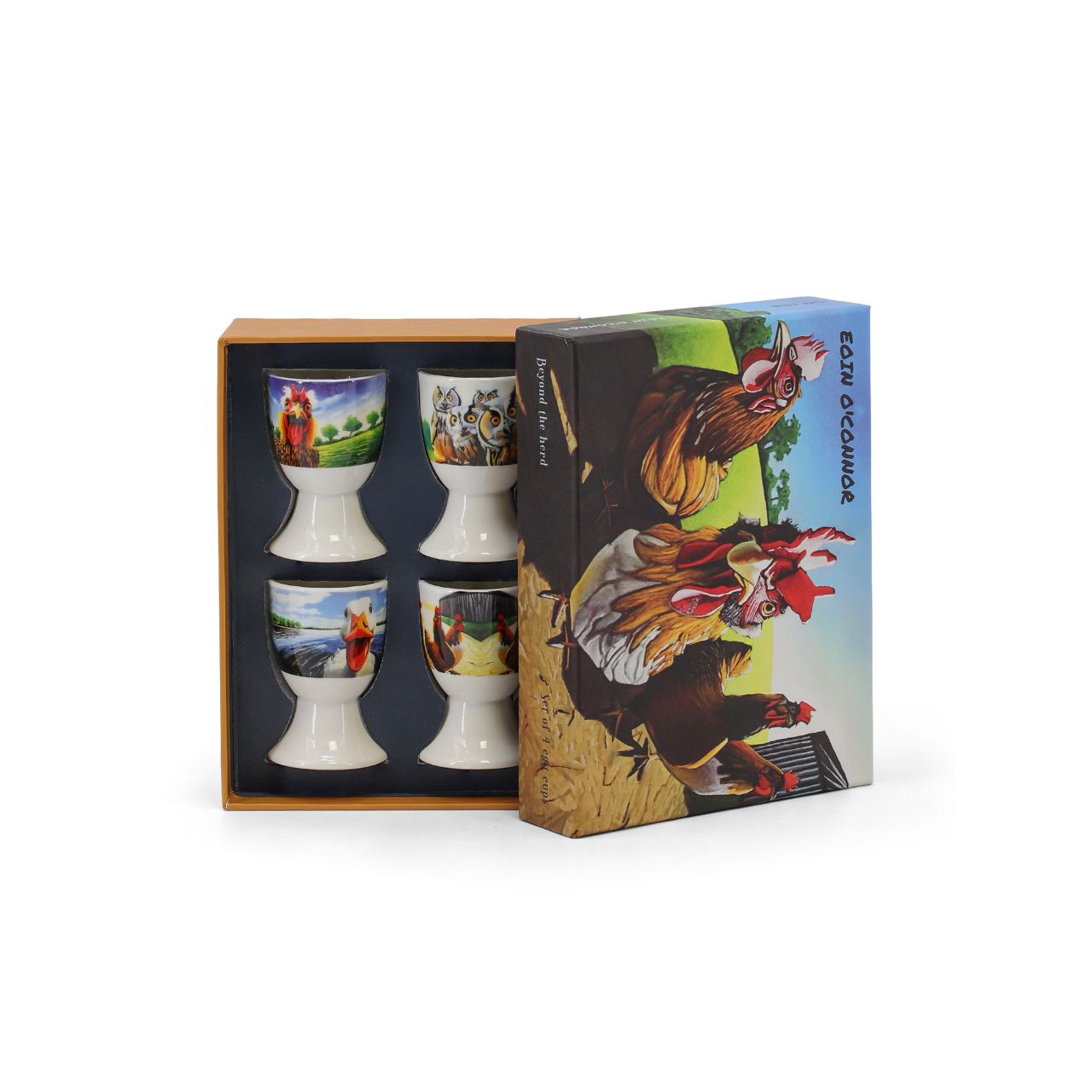 Designed by artist Eoin O’Connor, this charming set of four egg cups features a delightful cast of Irish animals, each with its own playful personality and punny twist.