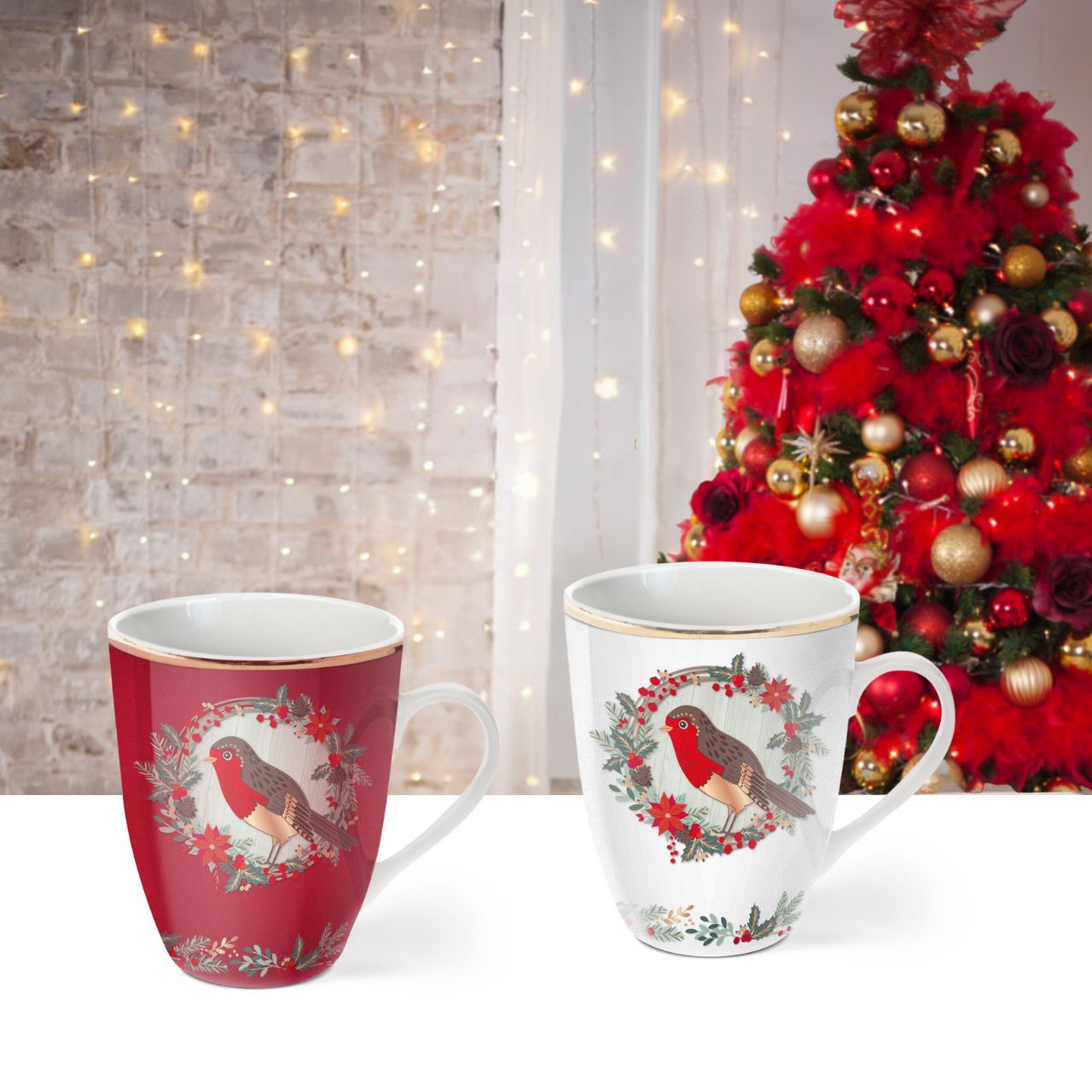 Birdy Set of 4 Christmas Robin Mugs by Tipperary Crystal  Gather your loved ones for a holiday celebration to remember. Our Christmas Tableware is made to bring festive happiness to lunch, dinner and every meal in between. 