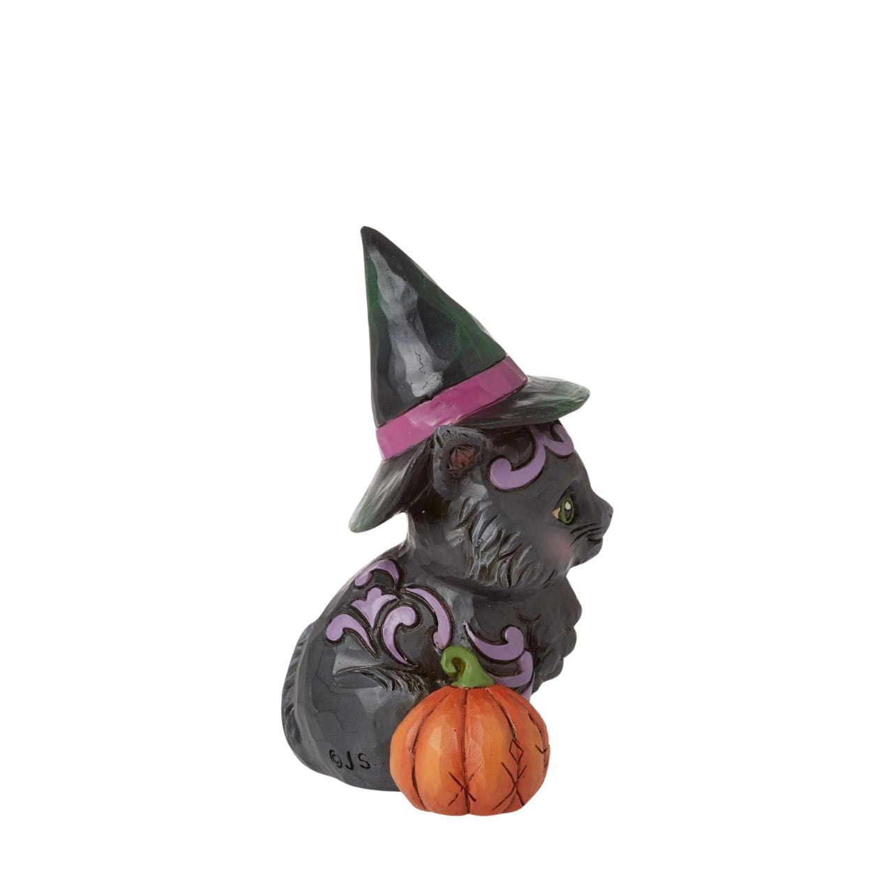Designed in the iconic style of Jim Shore, this sweet black cat mini features a fabulous witch's hat and is accompanied by a happy pumpkin. Hand painted in high quality cast stone. Designed by award-winning artist and sculptor Jim Shore for Heartwood Creek.