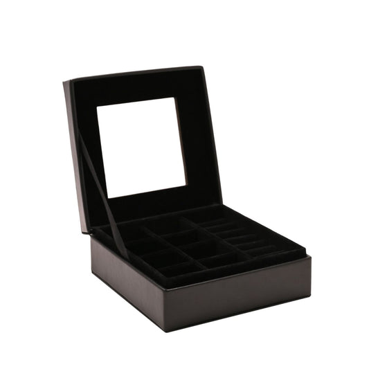 This attractive jewellery box opens to reveal a mirrored lid and nine compartments which includes a ring roll. All compartments have a luxurious black fabric lining.