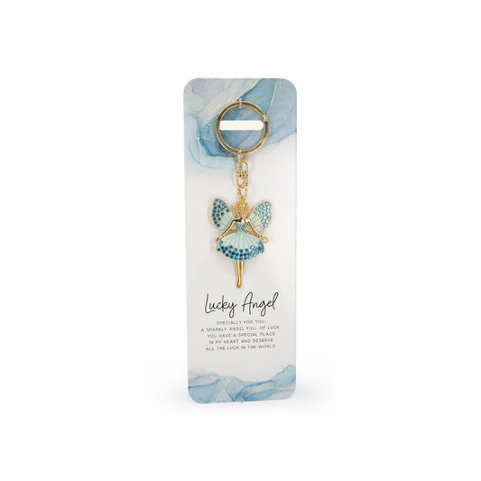 A beautiful blue, crystal embellished angel keyring. Comes with the sentiment slogan, ‘Lucky Angel.’