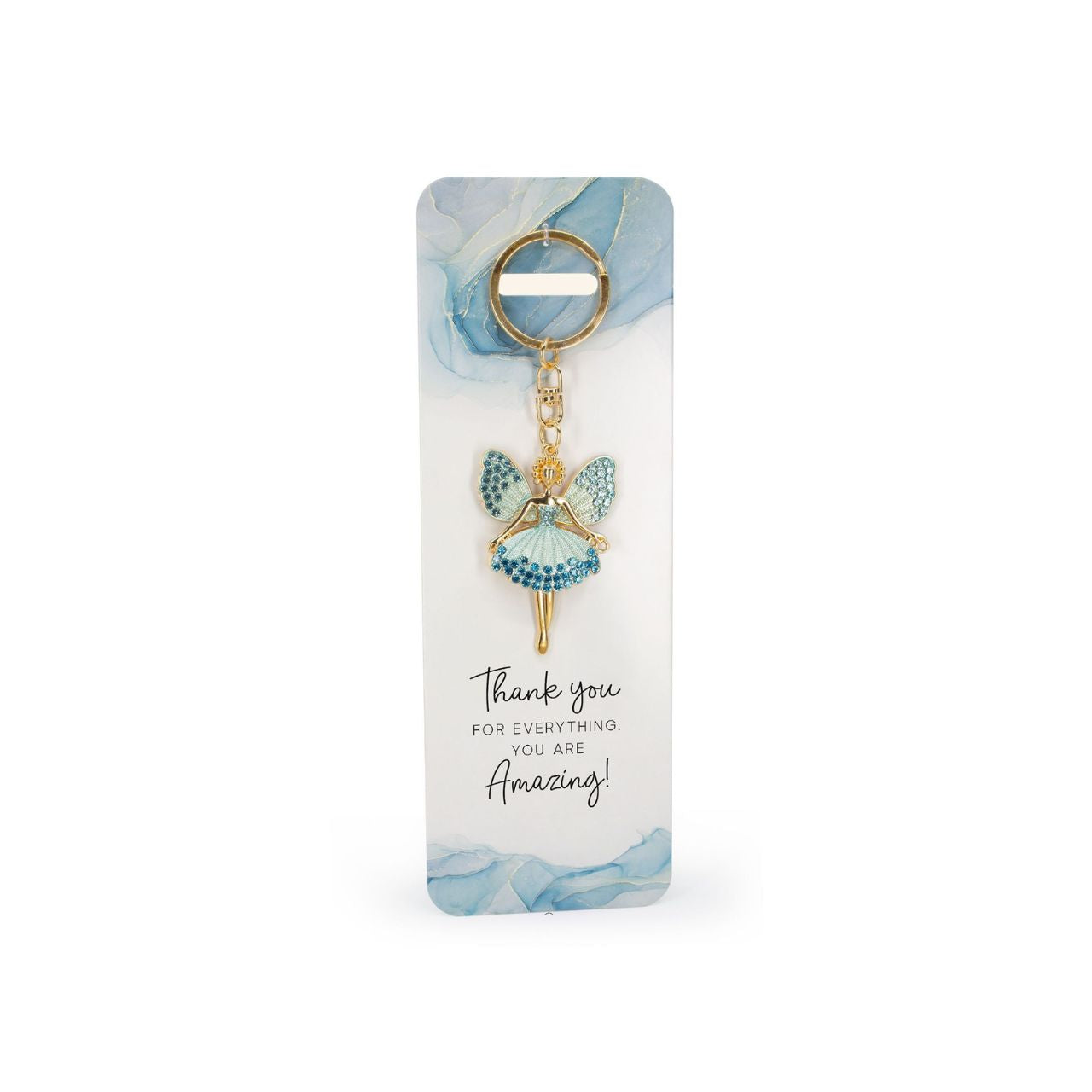 A beautiful blue, crystal embellished angel keyring. Comes with the sentiment slogan ‘Thank you for everything. You are Amazing!’