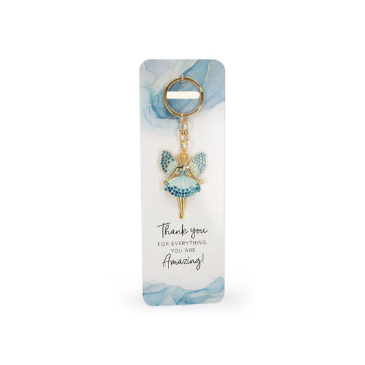 A beautiful blue, crystal embellished angel keyring. Comes with the sentiment slogan ‘Thank you for everything. You are Amazing!’