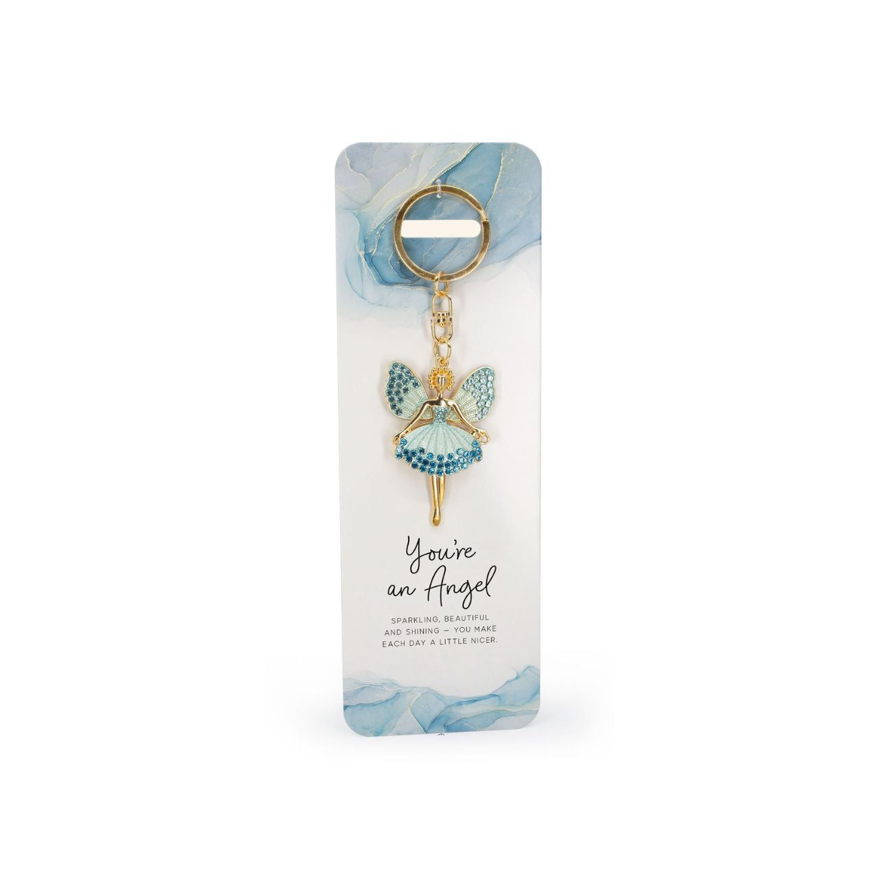 A beautiful blue, crystal embellished angel keyring. Comes with the sentiment slogan ‘You’re an Angel.’