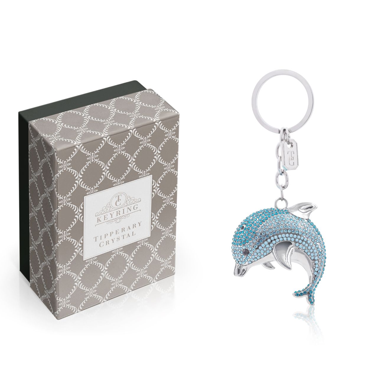 Blue Dolphin Keyring by Tipperary Crystal  Transform your keys to a fashion statement with this beautiful Blue Dolphin keyring.