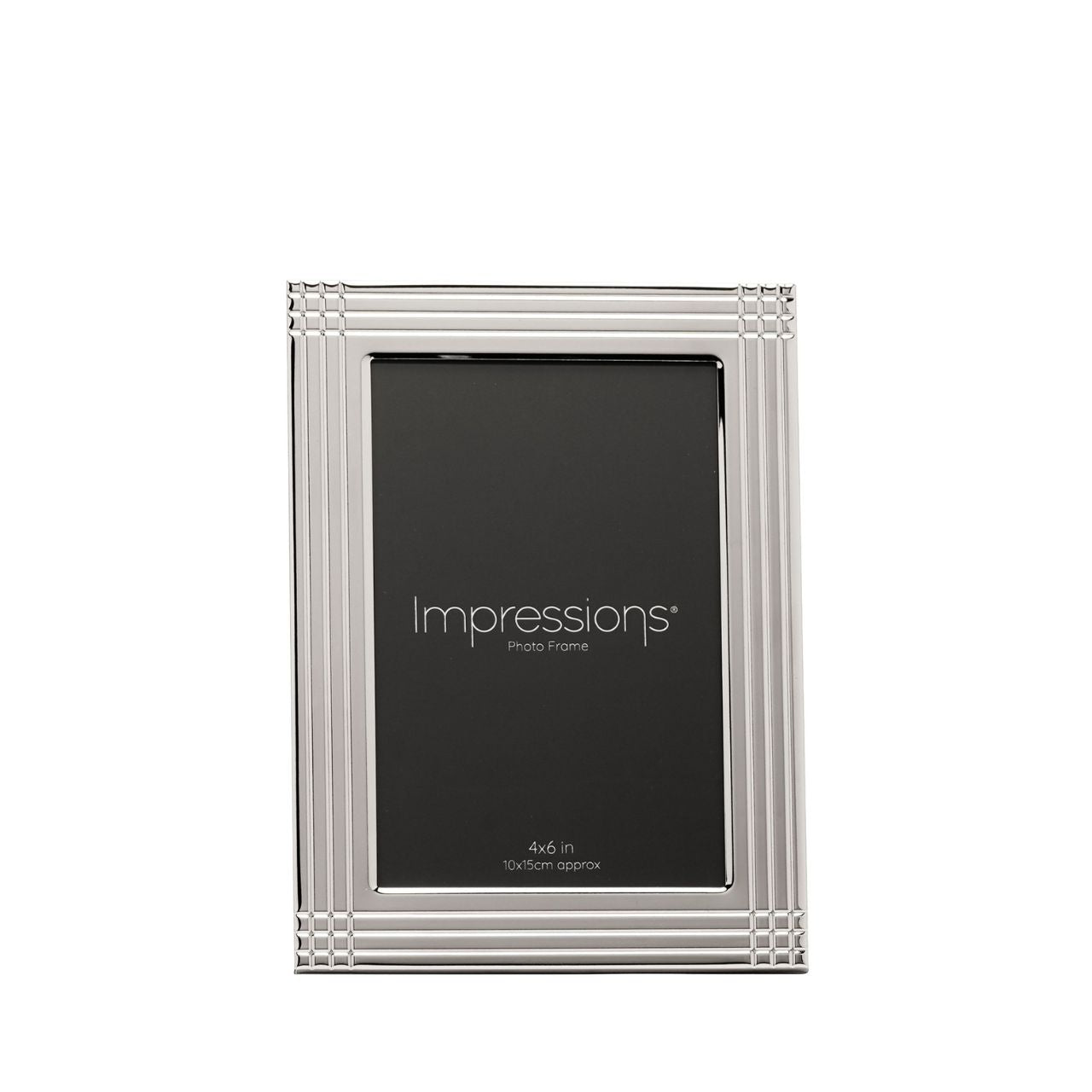 The Impressions Border Stripe Metal Plated Silver Photo Frame 4" x 6" offers a clean, contemporary way to display treasured photographs. Featuring a sleek silver-plated finish with subtle striped border detailing, it brings a refined touch to any home or office setting.