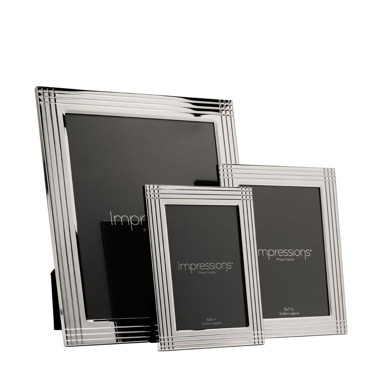 The Impressions Border Stripe Metal Plated Silver Photo Frame 4" x 6" offers a clean, contemporary way to display treasured photographs. Featuring a sleek silver-plated finish with subtle striped border detailing, it brings a refined touch to any home or office setting.