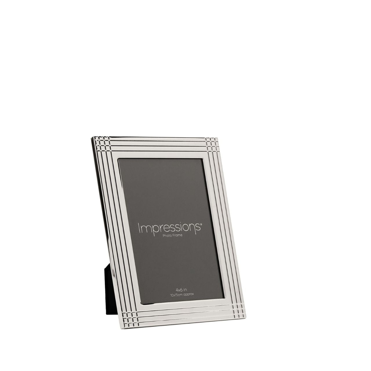 The Impressions Border Stripe Metal Plated Silver Photo Frame 4" x 6" offers a clean, contemporary way to display treasured photographs. Featuring a sleek silver-plated finish with subtle striped border detailing, it brings a refined touch to any home or office setting.