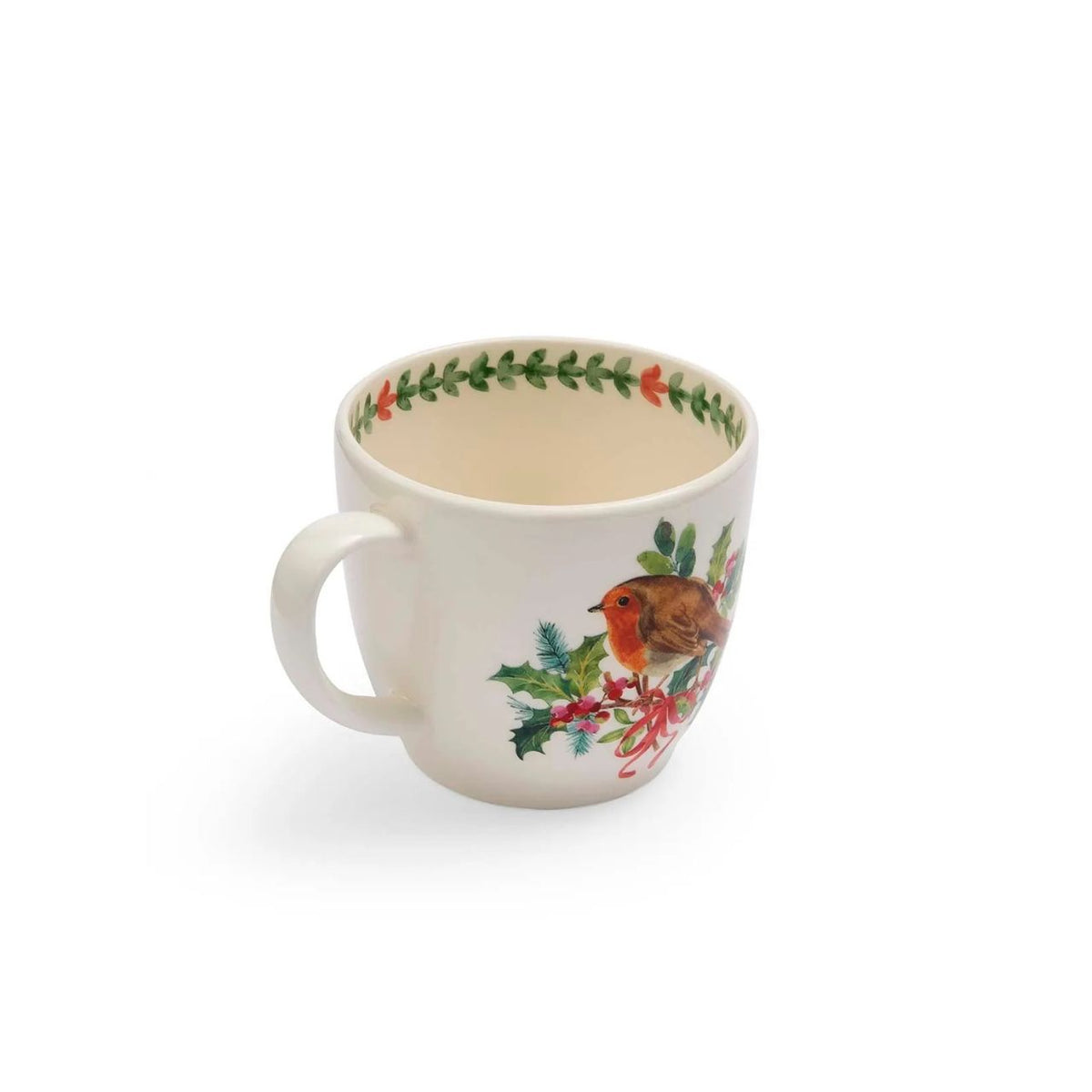 Start your day with a touch of festive charm using this Botanic Garden Christmas Holly Latte Mug, featuring a detailed robin nestled among holly and finished with a red ribbon motif.