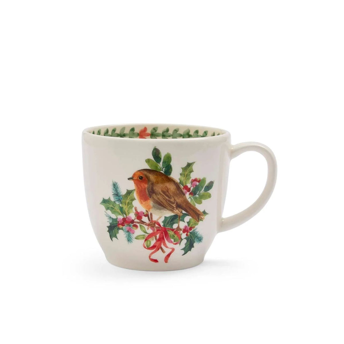 Start your day with a touch of festive charm using this Botanic Garden Christmas Holly Latte Mug, featuring a detailed robin nestled among holly and finished with a red ribbon motif.
