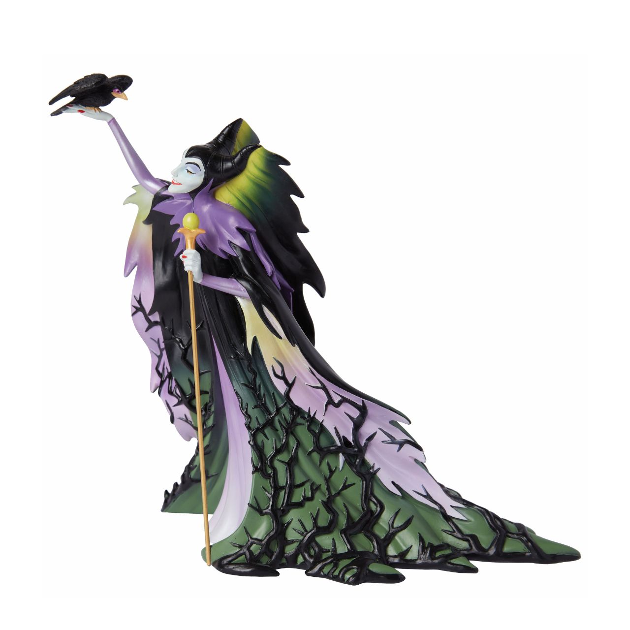 The iconic Disney princess Aurora from Sleeping Beauty is depicted here in her Briar Rose outfit. She has received the botanical treatment with delicate flowers spreading across her dress and spilling out of her basket while a bird perches on her hand.