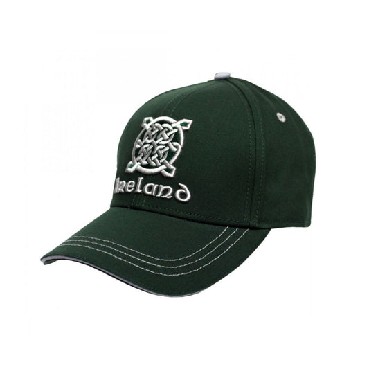 Bottle Green Ireland Celtic Knot Baseball Cap  This bottle green cotton baseball cap is a part of the Traditional Craft Official Collection. It is one size and is adjustable at the back for your convenience. The cap features a contrasting white stitch on the peak as well as a 3D embroidered Celtic knot and Ireland logo.