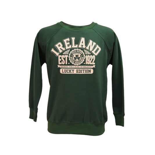 This bottle green unisex sweatshirt is a part of the Traditional Craft Official Collection. It is a relaxed fit and features a printed Ireland logo with a "Celtic Nation" crest and small Celtic designs above the year the Republic was founded.