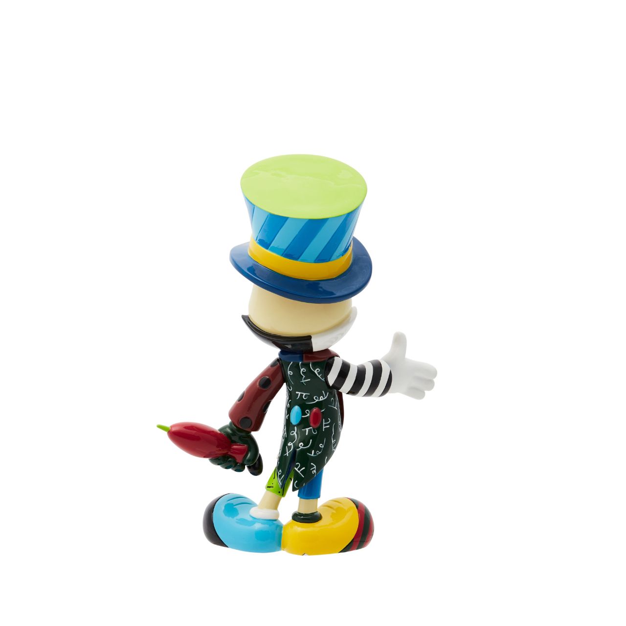Inspired by the iconic sidekick in Disney's Pinocchio, Romero Britto has added his trademark use of colour and pattern to the character Jiminy Cricket on this striking, hand-painted figurine. Bold blues, reds, greens and yellow combine to create a unique and eye-catching display piece, perfect for Disney fans, avid collectors and lovers of Romero Britto's art style.