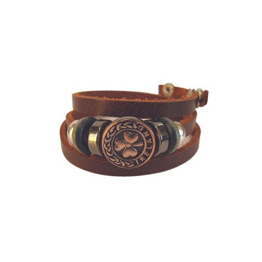 Brown Triple Loop Leather Bracelet With&nbsp; Shamrock Icon