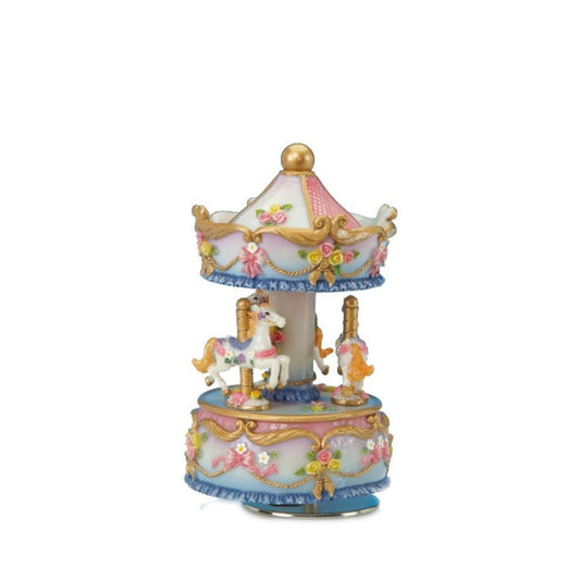 Blue carousel made of poly stone, turns to the melody “A little night music”.