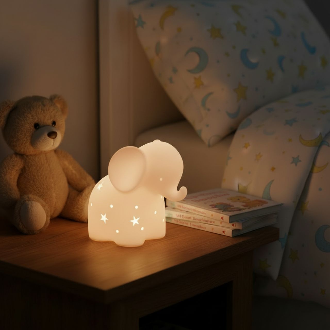 The playful design includes multiple star and circle-shaped perforations, strategically placed to allow gentle illumination to filter through, creating a captivating display of light patterns.