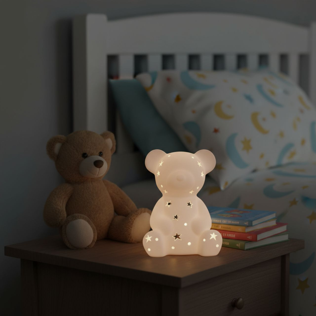 The playful design includes multiple star and circle-shaped perforations, strategically placed to allow gentle illumination to filter through, creating a captivating display of light patterns.