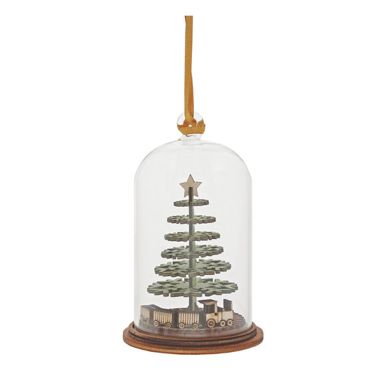 Christmas Childhood Memories Hanging Ornament Kloche  The Spirit of Christmas. A collection of delightful wooden decorations that capture the essence of that special time of year. This glass dome, Christmas decoration encases a Christmas tree, adorned with a nostalgic train set and ribbon to help hang off your Christmas tree.