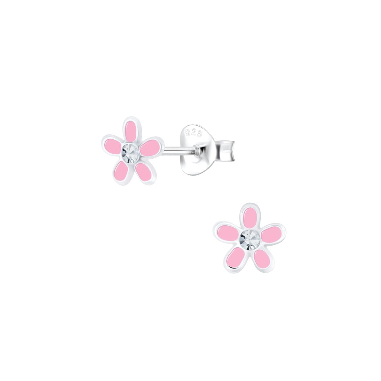Enamelled sterling silver kids stud earrings with a pink flower design and clear crystal centre. These earrings are part of our “Rainbow” range and measure 6mm in width.