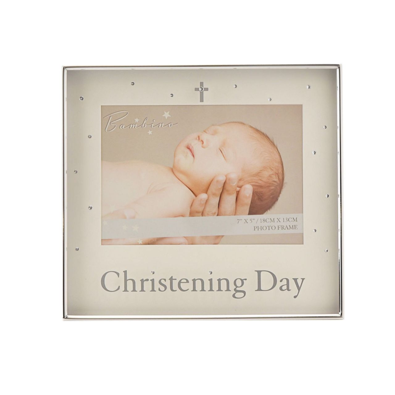 Christening Silver Plated Photo Frame 7" x 5"  A beautiful silver plated 7" x 5" photo frame from BAMBINO BY JULIANA. Featuring crisp white mount, mirror 'Christening Day' titling on the glass and crystal embellished crucifix icon. Complete with luxury black velveteen standing strut.