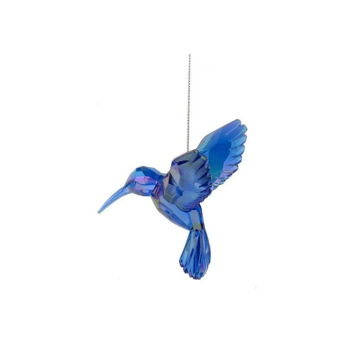 A blue iridescent hummingbird ornament suspended by a thin silver string against a plain white background.