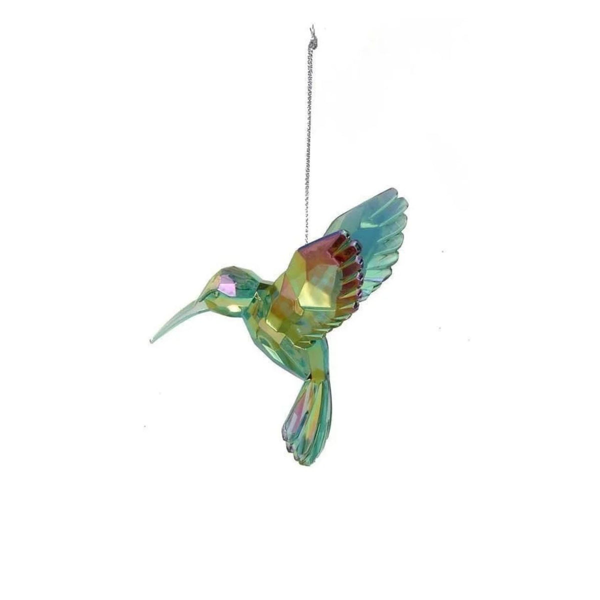 An iridescent crystal hummingbird ornament hanging from a thin silver string against a plain white background.