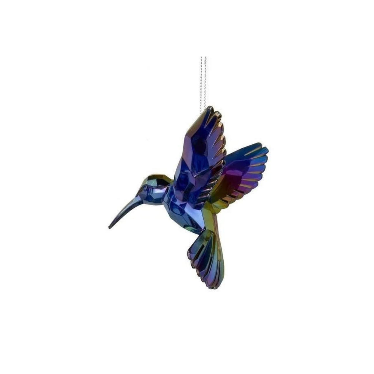 An iridescent hummingbird ornament with shimmering blue, purple, and green tones, suspended by a thin silver string against a plain white background.