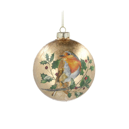 Gisela Graham Christmas Baubles - Antique Gold with Robin  Browse our beautiful range of luxury Christmas tree decorations, baubles & ornaments for your tree this Christmas.