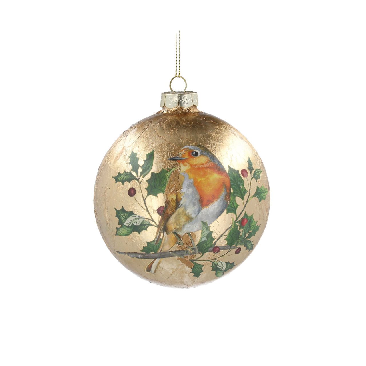 Gisela Graham Christmas Baubles - Antique Gold with Robin  Browse our beautiful range of luxury Christmas tree decorations, baubles & ornaments for your tree this Christmas.