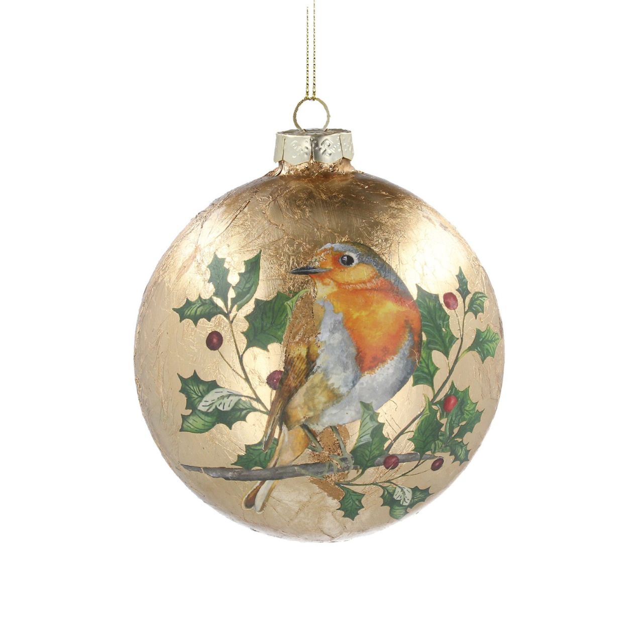 Gisela Graham Christmas Baubles - Antique Gold with Robin  Browse our beautiful range of luxury Christmas tree decorations, baubles & ornaments for your tree this Christmas.