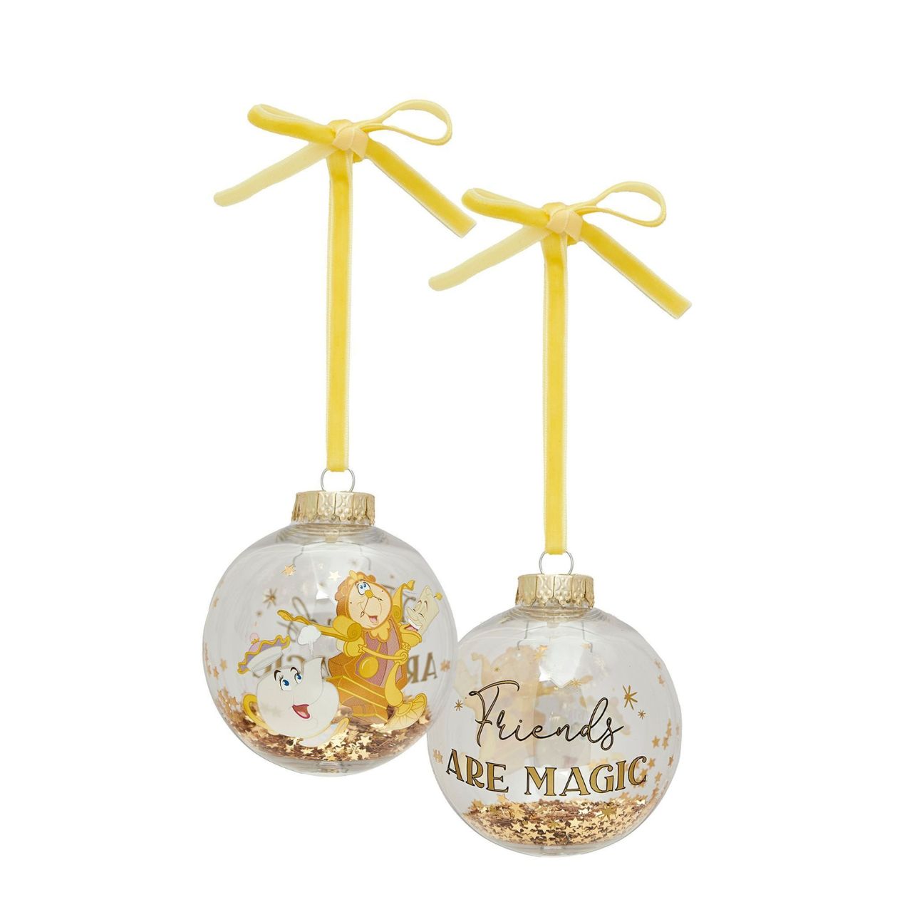 Make Christmas sparkle with this magical set of seven glass baubles featuring beloved characters from Disney's Beauty and the Beast. This set brings the enchanting tale to life with Belle, Beast, Lumiere, Mrs. Potts and others, adorning the delicate ornaments.