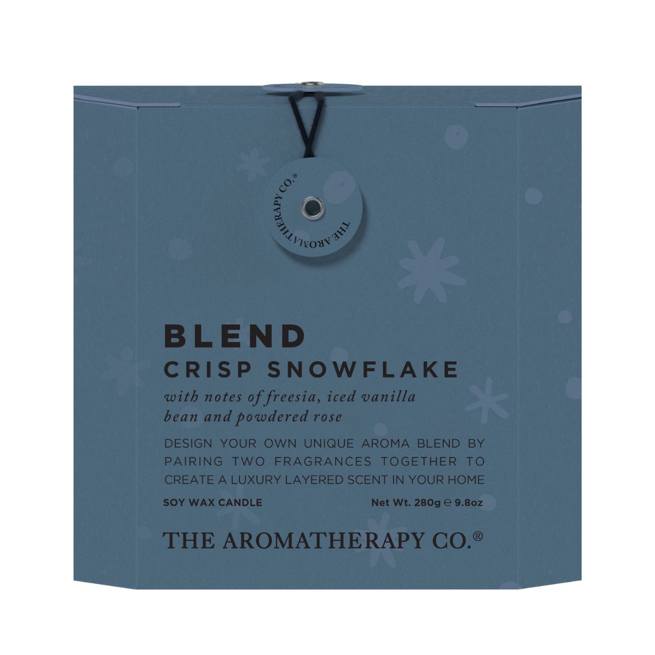 Christmas Blend 280gm Candle - Snowflake  A soy candle from THE AROMATHERAPY CO..  This new addition from the Blend range offers an array of sumptuous fragrances simultaneously.