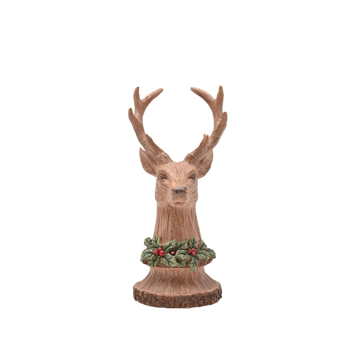 The Carved Wood Effect Reindeer Bust, is a stunning addition to any festive display, encapsulating the essence of the season.