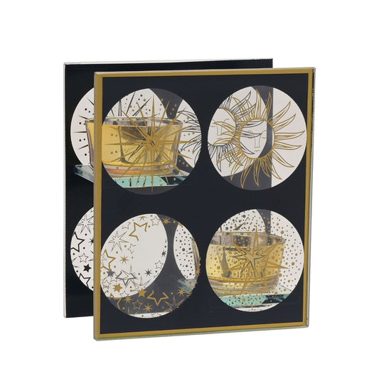 Celestial Double Tealight Holder  A celestial single glass tea light holder by THE SEASONAL GIFT CO.  This celestial tea light holder takes inspiration from the stars as it shines brightly for all to admire.