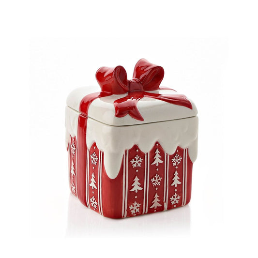 This Christmas gift shaped cookie jar would make a fun and festive present or homeware option for loved ones. With a delightful red bow and white cookie cutter designs, this is sure to bring some cheer to any home.